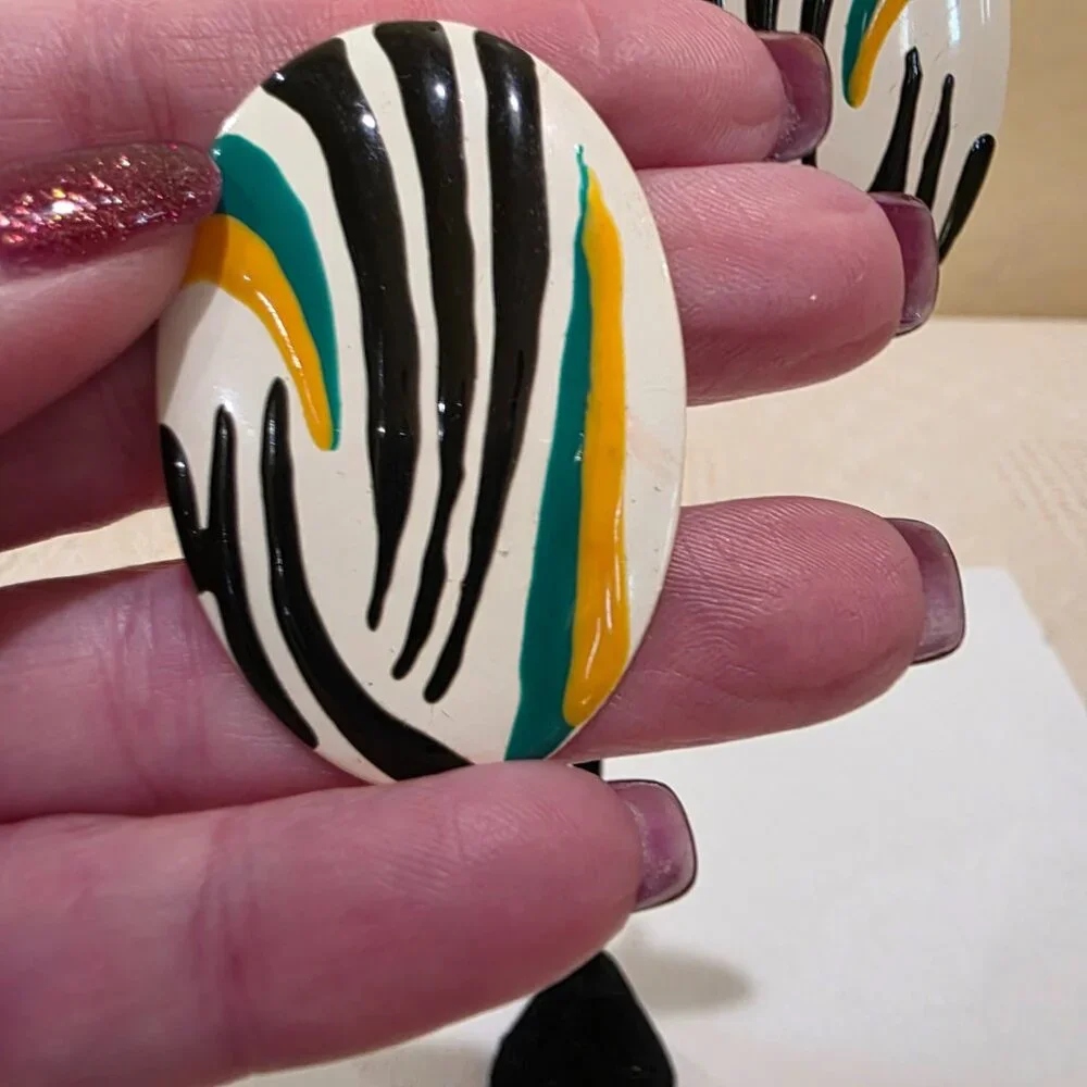 Vintage Boho Chic Tribal Metal Oval White Black Green and Yellow Stripe Earrings